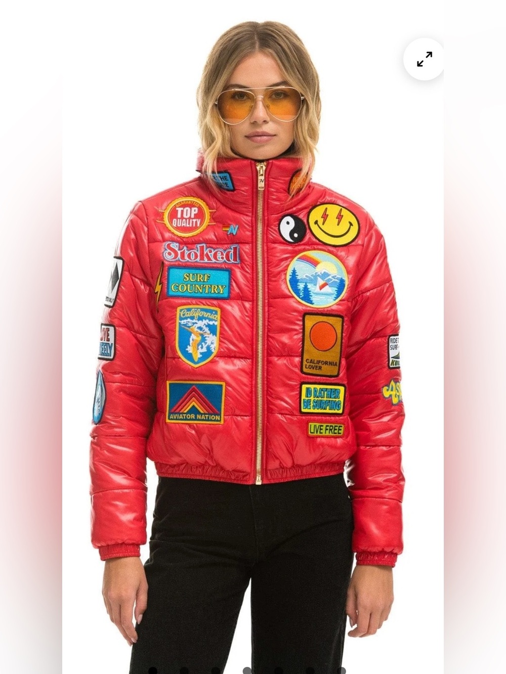 Aviator Nation Vintage Patch apres puffer quilted down coat jacket cherry red M